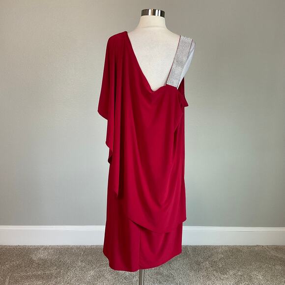 Red Beaded One Shoulder Shift Cocktail Dress Size 14W R&M Richards Draped Mini - Picture 5 of 12